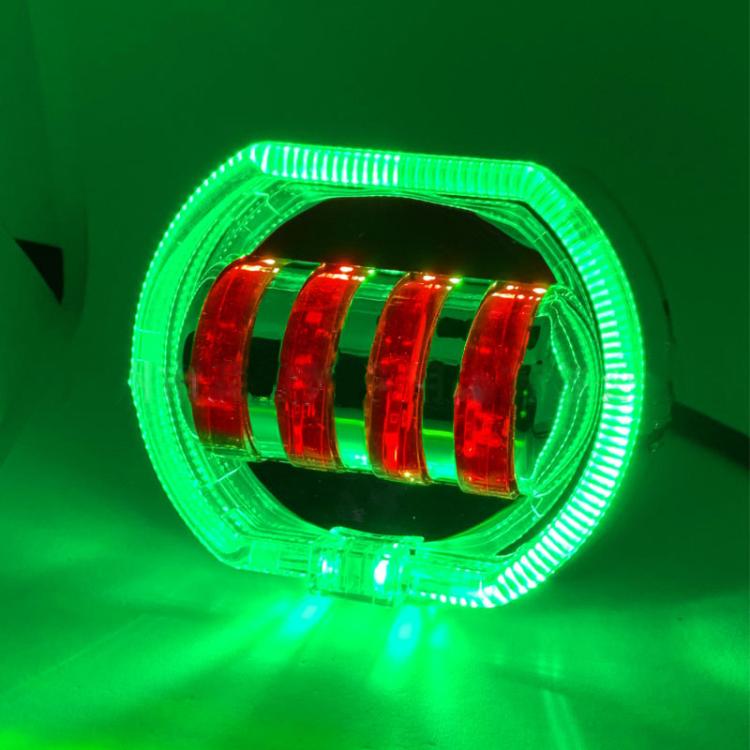 Motorcycle Electric Vehicle General Modification LED Headlight 4 Beads Double Lens Lamps, Style: Green Aperture+Red Devil Eye