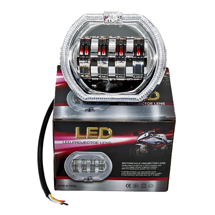 Motorcycle Electric Vehicle General Modification LED Headlight 4 Beads Double Lens Lamps, Style: Blue Aperture+Red Devil Eye