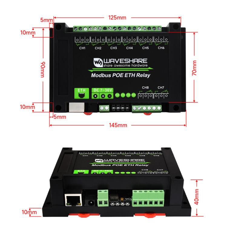 Waveshare 24964 Industrial 8-ch Ethernet Relay Module, PoE Port Communication(Modbus POE ETH Relay)