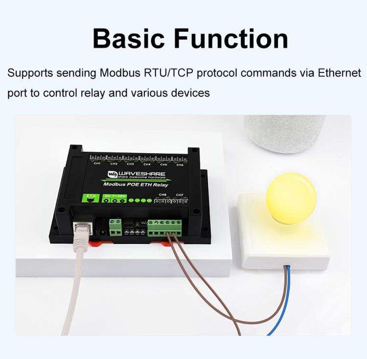 Waveshare 24964 Industrial 8-ch Ethernet Relay Module, PoE Port Communication(Modbus POE ETH Relay)