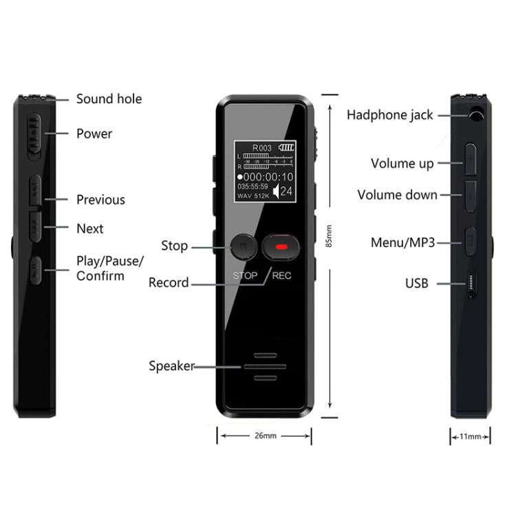 8GB 0.9-inch LCD Screen Interview Mini HD Recorder USB Charging MP3 Player