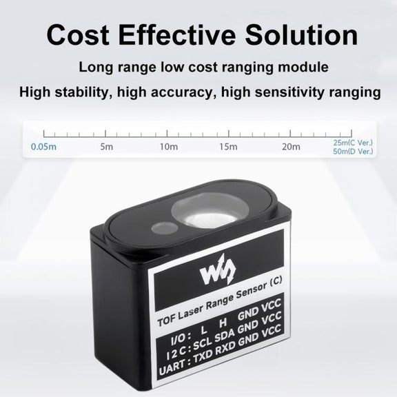 Waveshare TOF Time of Flight Laser Range Sensor, UART / I2C / IO Communication, Range: 50m