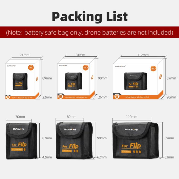 For DJI Flip Sunnylife Battery Explosion Proof Bag Li-ion Safety Storage Bag Flame Retardant Protective Bag Medium (For 2 Batteries)