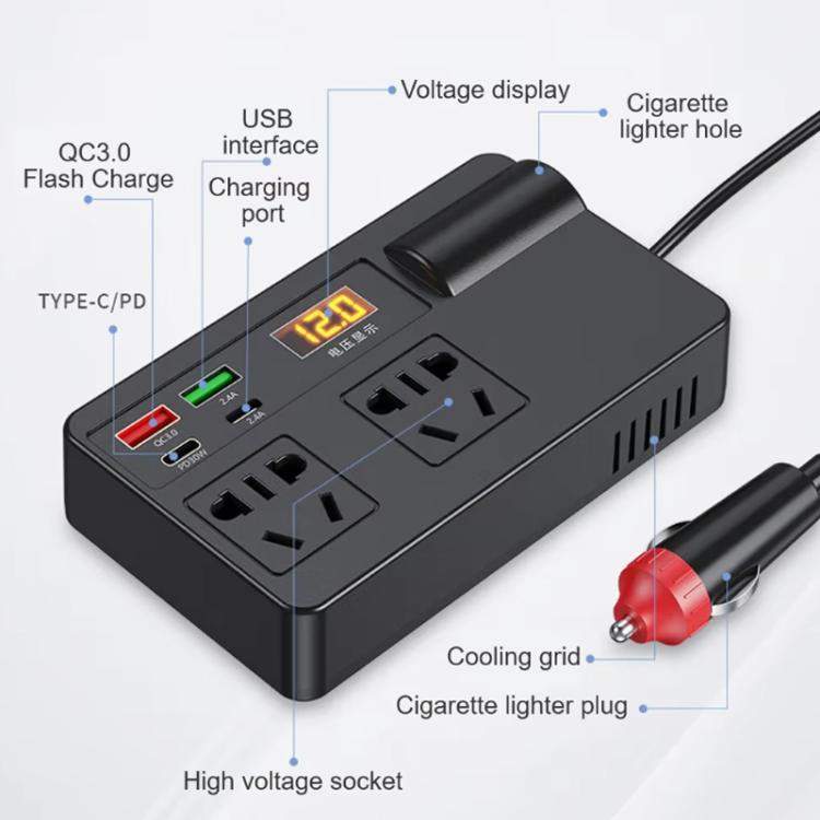 12V24V To 220V Car Multi-Function Inverter Socket Fast Charger(With Digital Display)