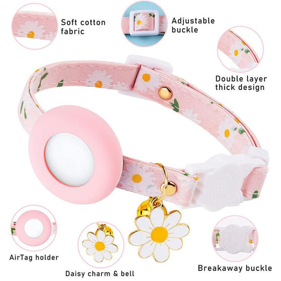 For AirTag Tracker Silicone Cover Small Daisy Pet Collar Dog Collar With Bell And Front Back Film(Pink)