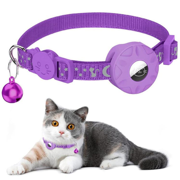 For AirTag Tracker Silicone Case Reflective Stars And Moon Cats Dogs Pet Collar With Bell(Purple)