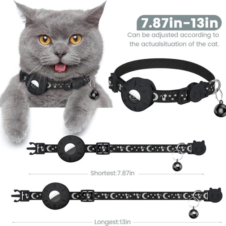 For AirTag Tracker Silicone Case Reflective Stars And Moon Cats Dogs Pet Collar With Bell(Black)