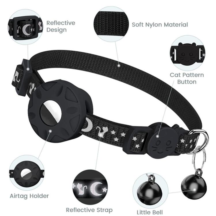 For AirTag Tracker Silicone Case Reflective Stars And Moon Cats Dogs Pet Collar With Bell(Purple)