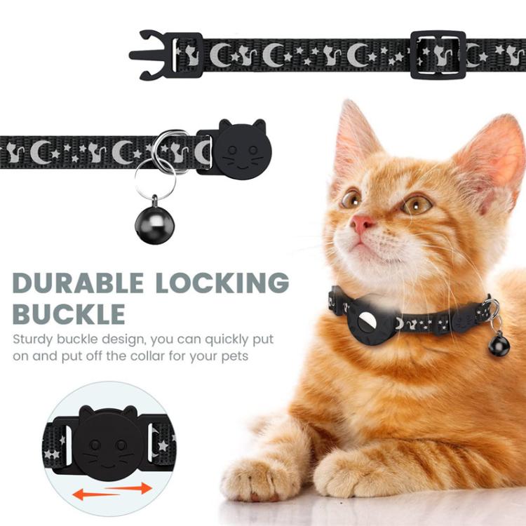 For AirTag Tracker Silicone Case Reflective Stars And Moon Cats Dogs Pet Collar With Bell(Black)