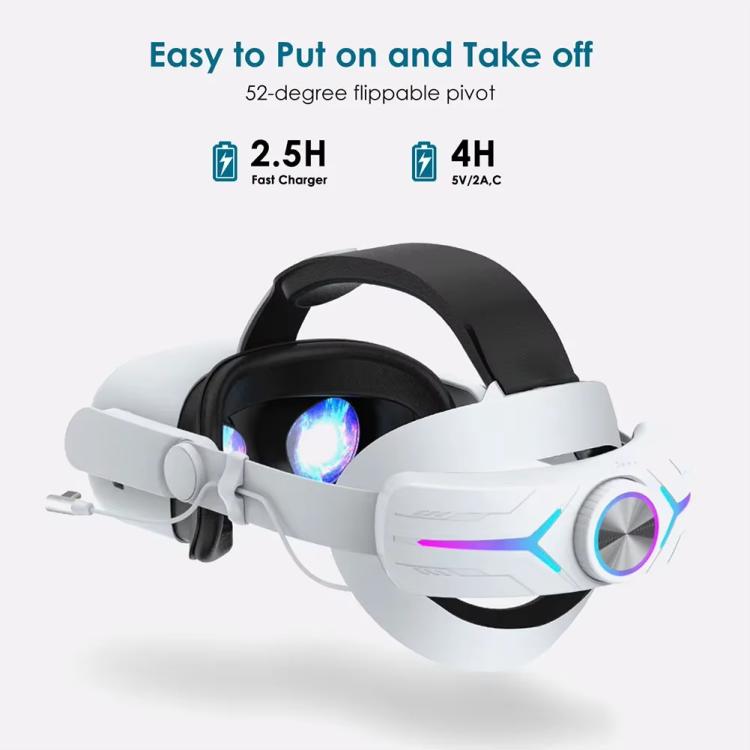 For Meta Quest 2 VR RGB Head Strap Adjustable Headband Built-in 8000 mAh Battery(White)