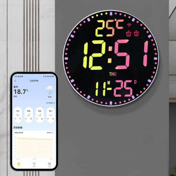 Wifi App Control LED Digital Wall Clock With RGB Light Multi-Functional Alarm Clock(White Shell Black Surface)