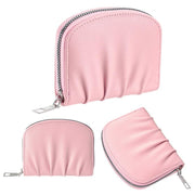 Women Wallet Pleated Sense PU Zipper Short Wallet Simple Solid Color Coin Purse(Pink)