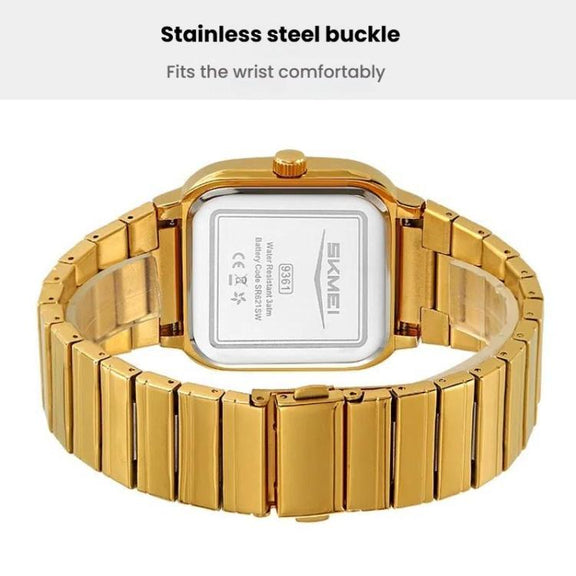 SKMEI 9361 Steel Strap Textured Dial Watch Business Casual Square Quartz Watch, Style: Gold Case Gold Dial