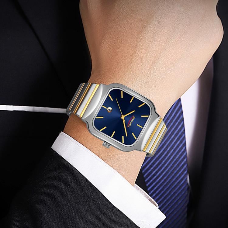 SKMEI 9361 Steel Strap Textured Dial Watch Business Casual Square Quartz Watch, Style: Gold Case Gold Dial