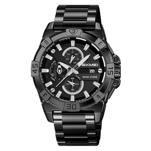 SKMEI 2399 Three-eye Six-pin Steel Band Quartz Watch Men Business Casual Watch(Black)