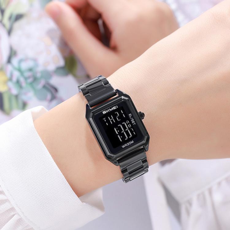 SKMEI 2493 Small Women Electronic Watch Square Steel Strap Watch, Style: Gold Case White