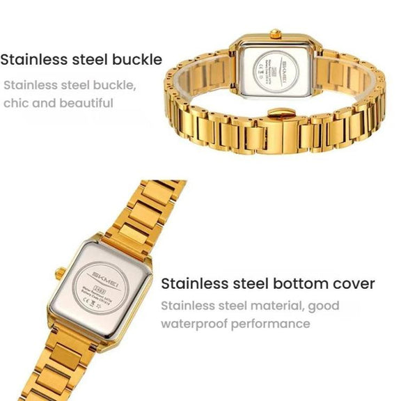 SKMEI 2493 Small Women Electronic Watch Square Steel Strap Watch, Style: Gold Case Black