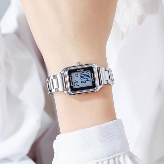SKMEI 2493 Small Women Electronic Watch Square Steel Strap Watch, Style: Gold Case White