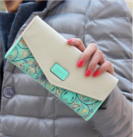 Long Leather Floral Pattern Wallets Coin Purses Money Bag for Women(Green)
