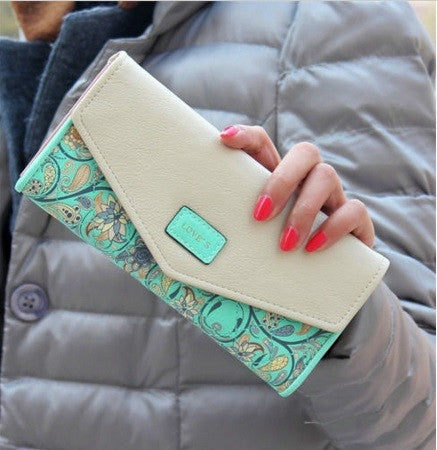 Long Leather Floral Pattern Wallets Coin Purses Money Bag for Women(Green)