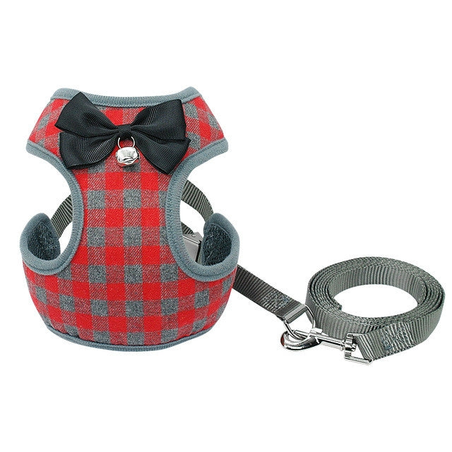 Adjustable Bow Plaid Vest Lead Pull Rope Leash for Cat Dog Pet(L)