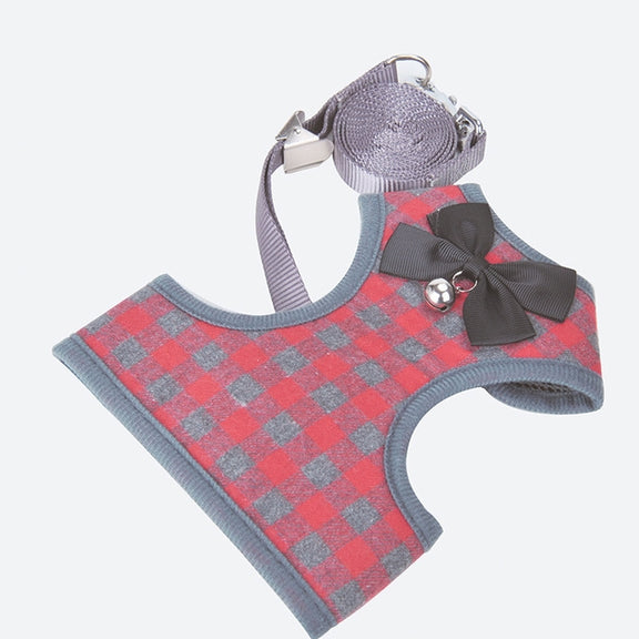 Adjustable Bow Plaid Vest Lead Pull Rope Leash for Cat Dog Pet(L)