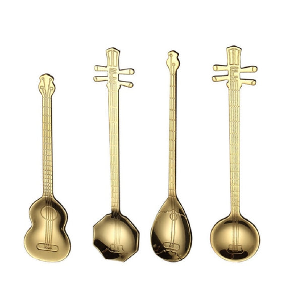 Stainless Steel Coffee Mixing Spoon Creative Musical Instrument Shape Spoon, Style:Lute, Color:Rose Gold