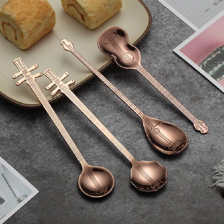 Stainless Steel Coffee Mixing Spoon Creative Musical Instrument Shape Spoon, Style:Lute, Color:Rose Gold