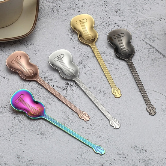Stainless Steel Coffee Mixing Spoon Creative Musical Instrument Shape Spoon, Style:Lute, Color:Colorful