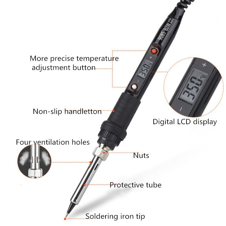 908S 80W LCD Thermostat Soldering Iron Constant Temperature Soldering Iron, Plug Type:US Plug(Red)
