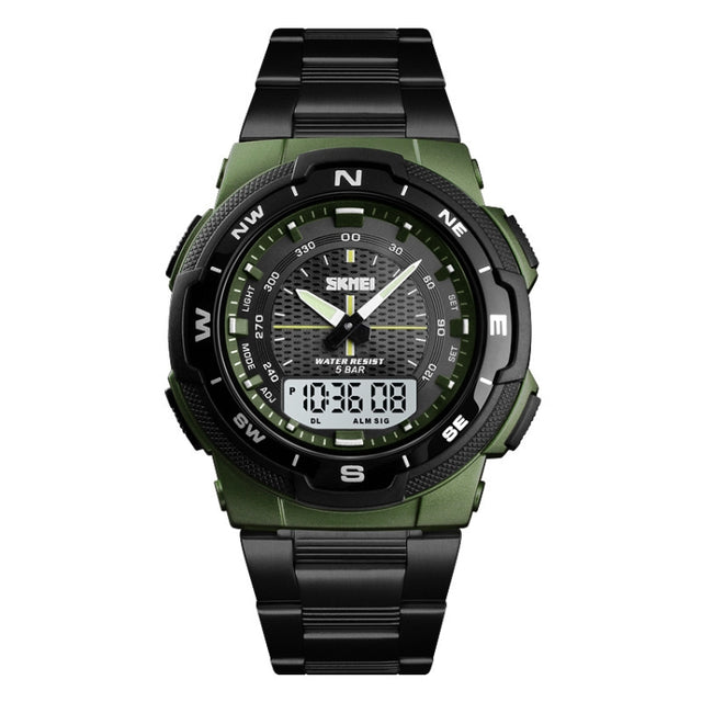 SKMEI 1370 Multifunctional Men Outdoor Sports Noctilucent Water-resistant Stainless Steel Digital Wrist Watch (Army Green)