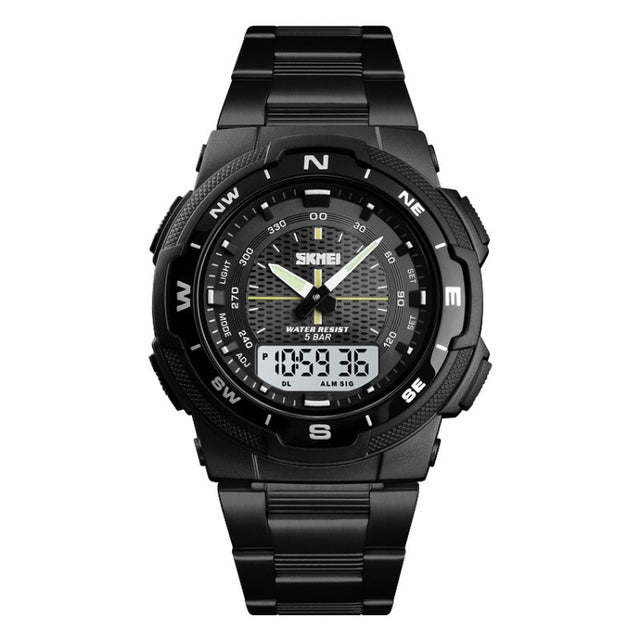 SKMEI 1370 Multifunctional Men Outdoor Sports Noctilucent Water-resistant Stainless Steel Digital Wrist Watch (Black White)