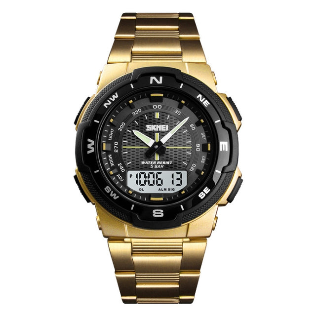 SKMEI 1370 Multifunctional Men Outdoor Sports Noctilucent Water-resistant Stainless Steel Digital Wrist Watch (Gold)