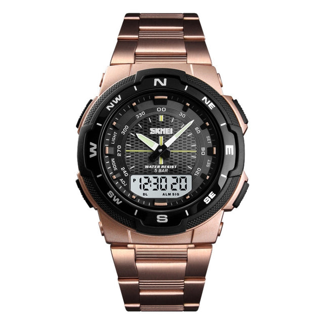 SKMEI 1370 Multifunctional Men Outdoor Sports Noctilucent Water-resistant Stainless Steel Digital Wrist Watch (Rose Gold)
