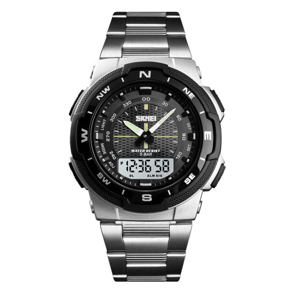 SKMEI 1370 Multifunctional Men Outdoor Sports Noctilucent Water-resistant Stainless Steel Digital Wrist Watch (Silver)