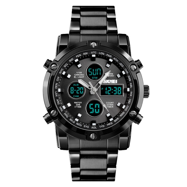 SKMEI 1389 Multifunctional Men Business Digital Watch 30m Water-resistant Large Dial Wrist Watch with Stainless Steel Watchband (Black)