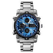 SKMEI 1389 Multifunctional Men Business Digital Watch 30m Water-resistant Large Dial Wrist Watch with Stainless Steel Watchband (Blue)