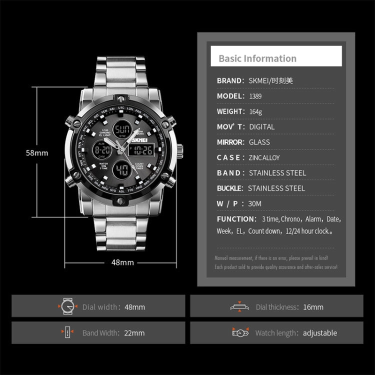 SKMEI 1389 Multifunctional Men Business Digital Watch 30m Water-resistant Large Dial Wrist Watch with Stainless Steel Watchband (Blue)
