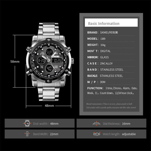 SKMEI 1389 Multifunctional Men Business Digital Watch 30m Water-resistant Large Dial Wrist Watch with Stainless Steel Watchband (Blue)
