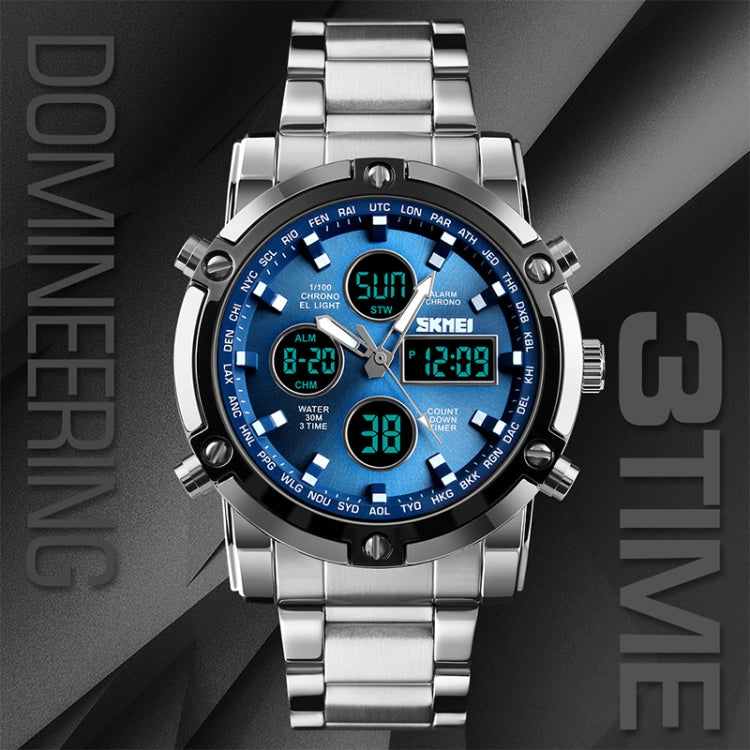 SKMEI 1389 Multifunctional Men Business Digital Watch 30m Water-resistant Large Dial Wrist Watch with Stainless Steel Watchband (Blue)