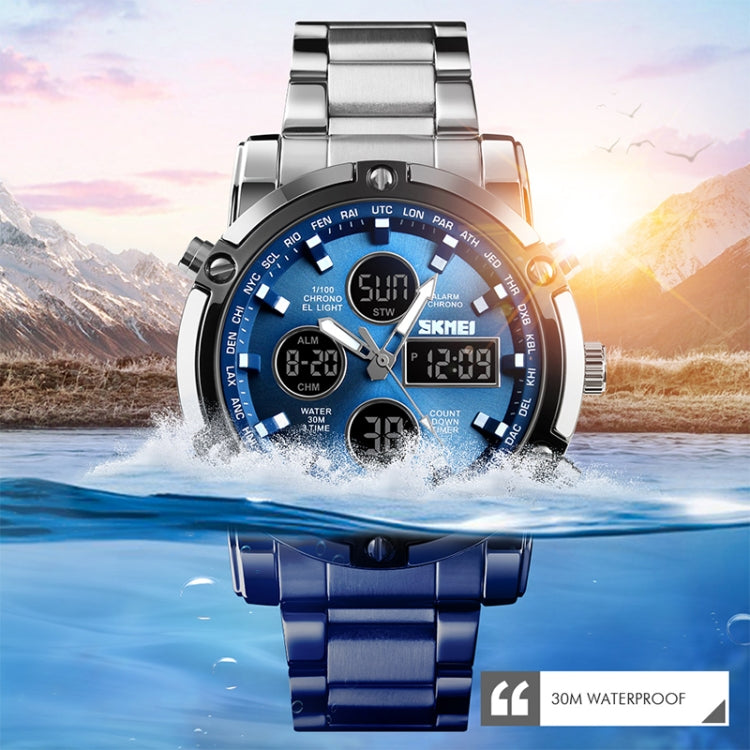 SKMEI 1389 Multifunctional Men Business Digital Watch 30m Water-resistant Large Dial Wrist Watch with Stainless Steel Watchband (Blue)