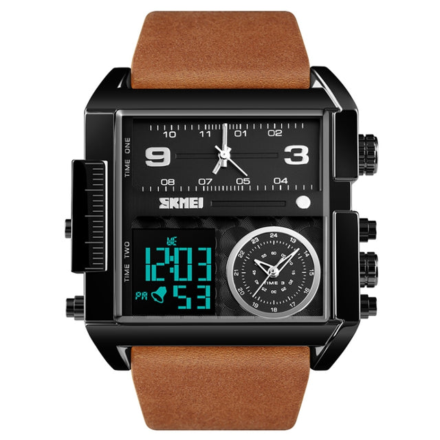 SKMEI 1391 Multifunctional Men Business Digital Watch 30m Water-resistant Square Dial Wrist Watch with Leather Watchband(Black Brown)