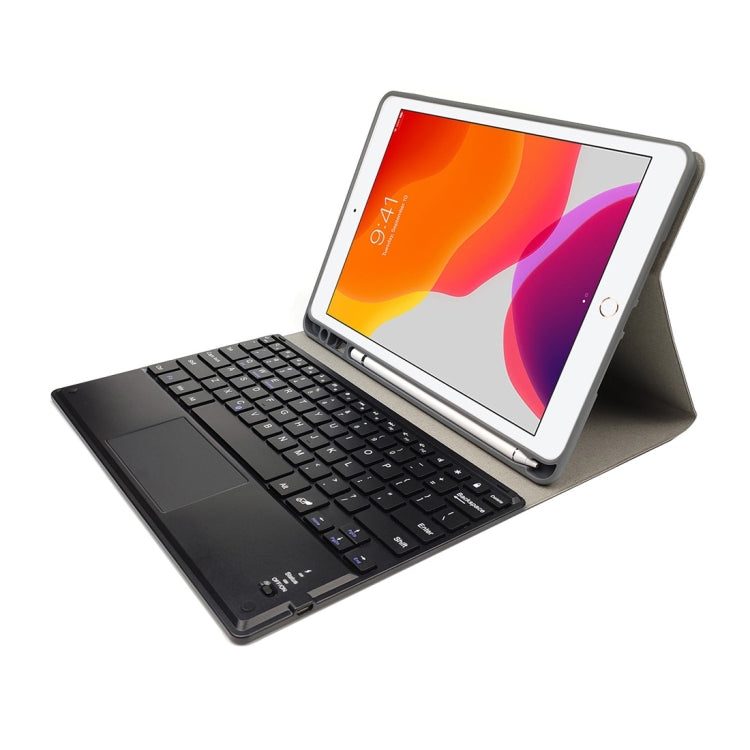 RK109C Detachable Magnetic Plastic Bluetooth Keyboard with Touchpad + Silk Pattern TPU Tablet Case for iPad Air 2020, with Pen Slot & Bracket(Black)