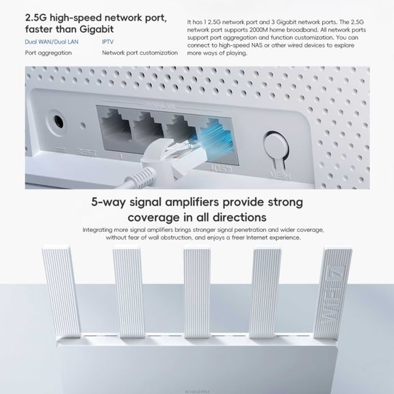Xiaomi Router BE5000 WiFi 7 MLO 2.4GHz 5.0GHz Dual Band 2.5G Port 512MB RAM Repeater, US Plug (White)