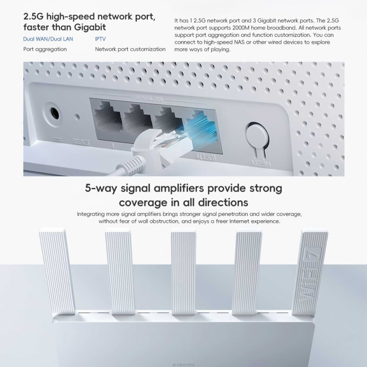 Xiaomi Router BE5000 WiFi 7 MLO 2.4GHz 5.0GHz Dual Band 2.5G Port 512MB RAM Repeater, US Plug (White)