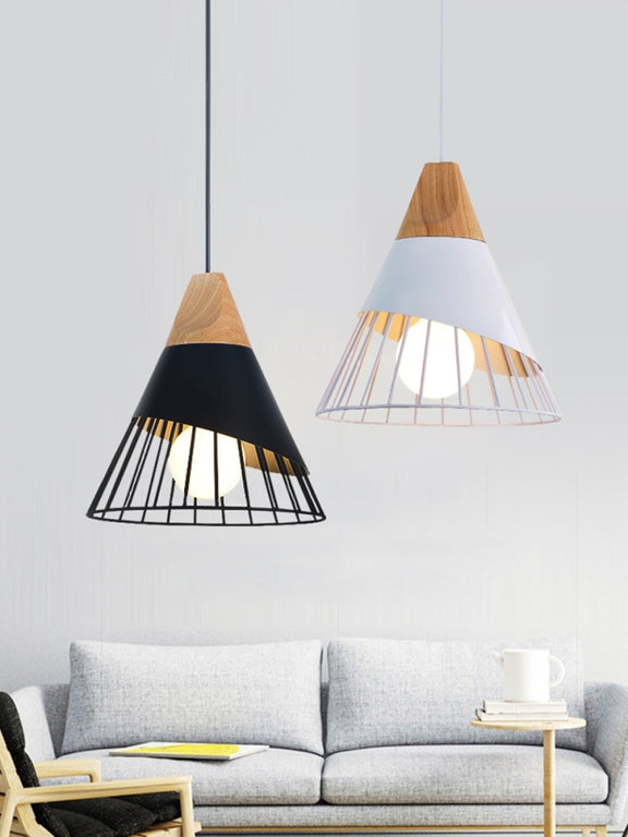 E27 Modern Lighting Iron Solid Wood Pendant Light Hanging Lamp(White)