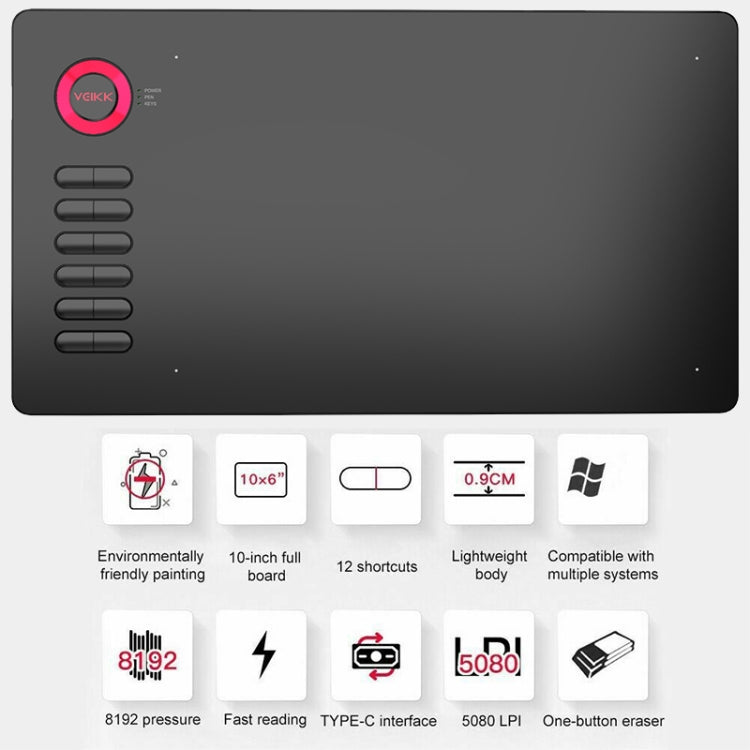 VEIKK A15 10x6 inch 5080 LPI Smart Touch Electronic Graphic Tablet, with Type-C Interface(Red)