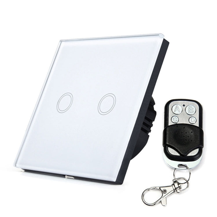 86mm 2 Gang Tempered Glass Panel Wall Switch Smart Home Light Touch Switch with RF433 Remote Controller, AC 110V-240V(White)