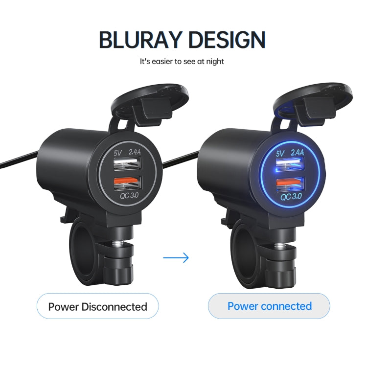 ZH-723F1 Car / Motorcycle QC3.0 Cell Phone Fast Charging Dual USB Car Charger(Blue Light)