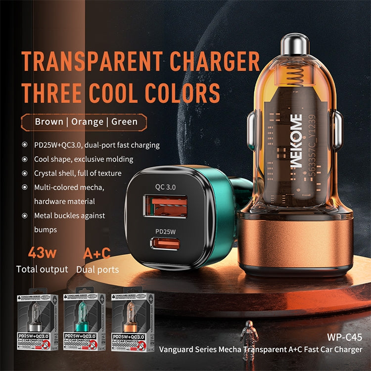 WK WP-C45 Vanguard Series Mecha Transparent USB+Type-C Fast Car Charger (Grey)